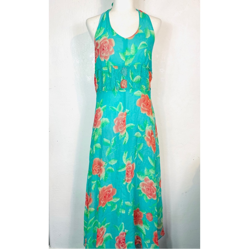 Vintage Y2K Benjamin A. Size 8 100% Silk Halter Dress Green Orange Floral